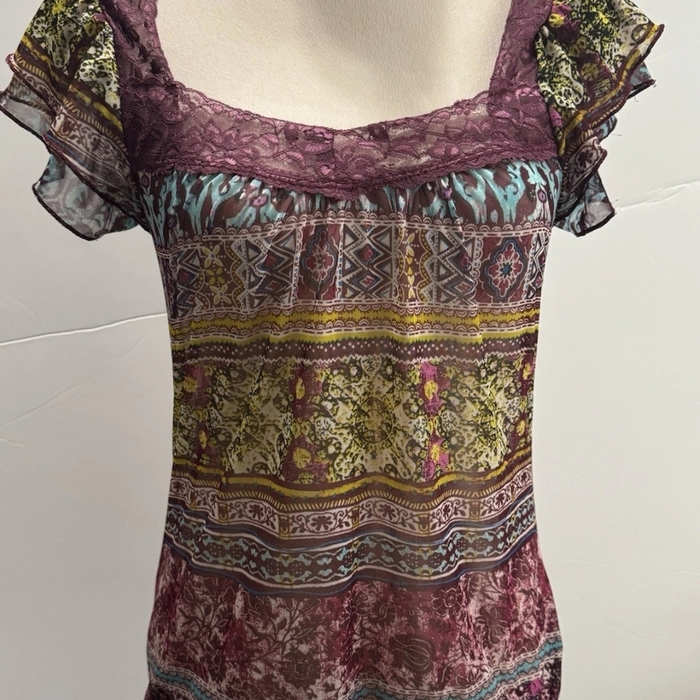 Self Esteem Purple and Green Patterned Blouse